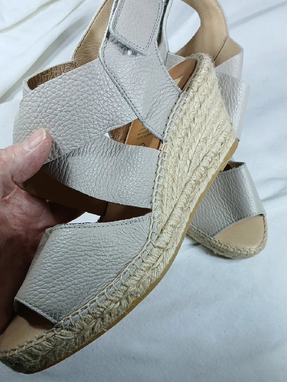Kanba womens Wedge Espadrille Sandals - Light Gray pebbled Leather